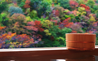 紅葉を背景にお風呂の桶が写っている写真