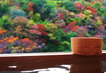 紅葉を背景にお風呂の桶が写っている写真